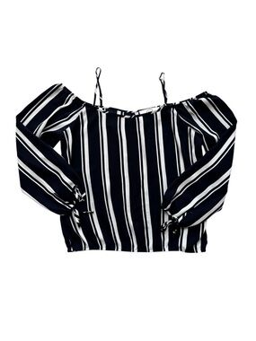 Point Zero Black White Striped Off Shoulder Crop Top Medium | Puff Sleeve Blouse
